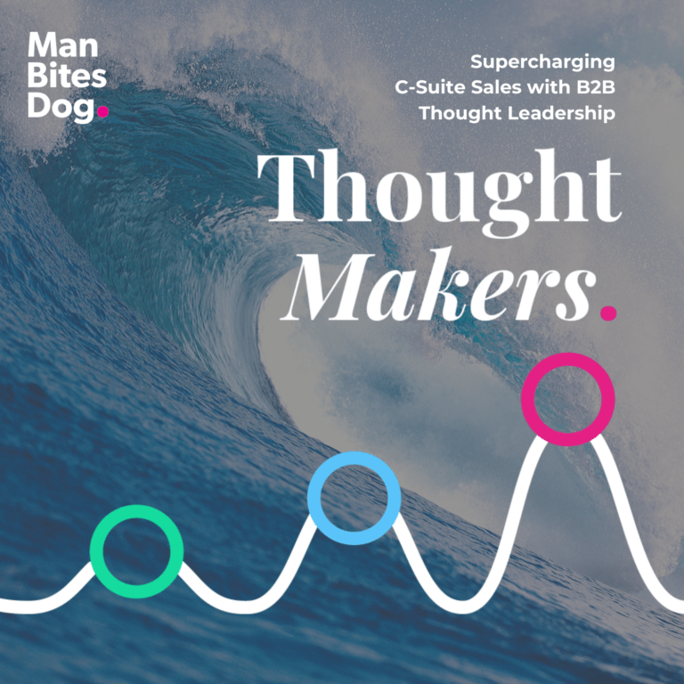 A large wave with progressive coloured circles and the words Thought Makers: Supercharging C-Suite Sales with B2B Thought Leadership printed over the image